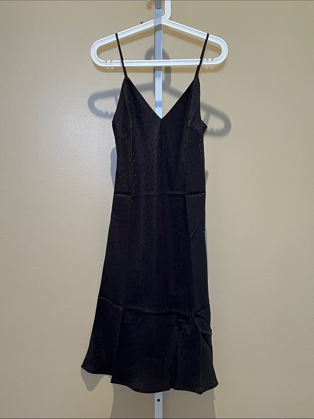 Gold Hawk Silk Black V-Neck Slip Mini Dress with Subtle Dot Texture